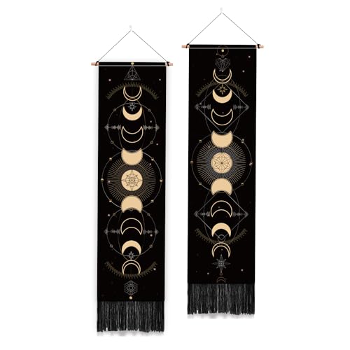 PLIGREAT 2 Pack Moon Phases Tapestry Vertical Wall Hanging with Tassels Aesthetic Wall Tapestry for Bedroom Bathroom Living Room Dorm Room Long Narrow Home Art Hanging Decor Housewarming Gift - color: Black and Gold