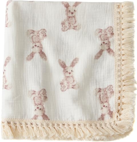 Little Jump Cotton Muslin Swaddle Blankets with Tassel, Boho Bohimia Muslin Baby Blanket Neutral with Fringe, Vintage Teddy Bear Nursery Decor Muslin Throw Blanket 47" x40" (Bunny) - color: Bunny
