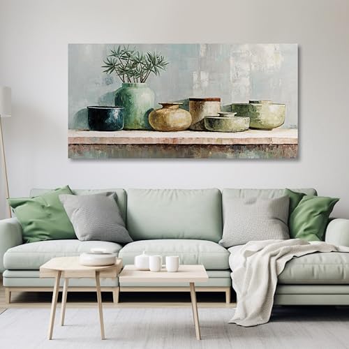 AERART Blue-Green Geometric Abstract Vase & Plant Wall Art - 20"x40" Framed Canvas Painting Artwork for Boho/Living Room/Bedroom Neutral Home Wall Decor - color: Cyan, size: 40"L x 20"W