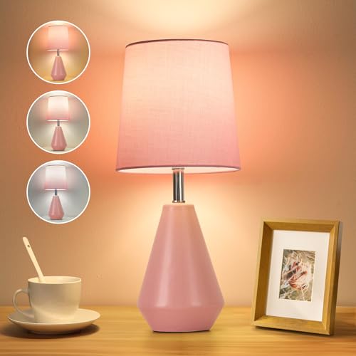 Small Bedside Table Lamp for Bedroom - Reading Desk Lamp with 3 Color Temperatures，15.5" Nightstand Ceramic Lamp with Fabric Shade for Kids Room,Living Room,Dorm,Home Office (Pink) - color: Pink, size: 15.5"