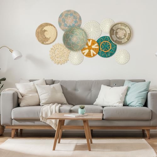 Tatuo 11 Pcs Boho Wall Basket Decor Bulrush Woven Wall Hanging Art Round Farmhouse Rustic Handmade Wicker for Summer Home, Bedroom, Living Room, Kitchen Decorations, Multi Sizes(Bright) - style: Bright