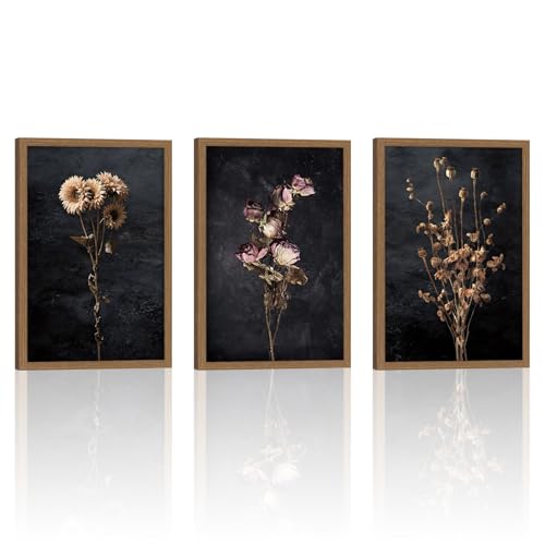 AUROR 3pcs Vintage Floral Canvas Wall Art - Dried Sunflowers, Poppies, And Roses - Dark-Themed Bohemian Floral- Elegant Botanical Prints For Living Room, Bedroom, And Office Decor 16x24in - color: Dried poppy rose flowers, size: 16x24in