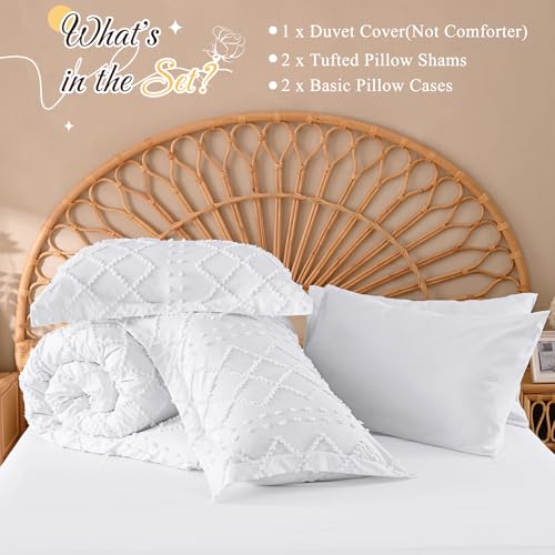 Manyshofu 5Pcs Boho Full Duvet Cover Set - Tufted White Duvet Cover Pattern, Shabby Chic Boho Bedding Set Textured Comforter Covers with Embroidery Pillow Shams