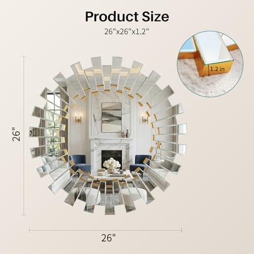 26" Inch Sunburst Wall Mirror Modern Round Decorative Mirror for Living Room Bedroom Entryway Gold Metal Frame Large Accent Mirror Over Fireplace Mantle Vanity Circle Wall Art Home Décor - color: Sunburst-silver