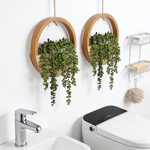 2 Pack Fake Plants Artificial Wall Hanging Plants, Boho Hanging Planter Fake Succulents Artificial String of Pearls in Wooden Pots with Lanyard for Home Office Wall Decoration - color: Wood Color, size: 2 Pcs