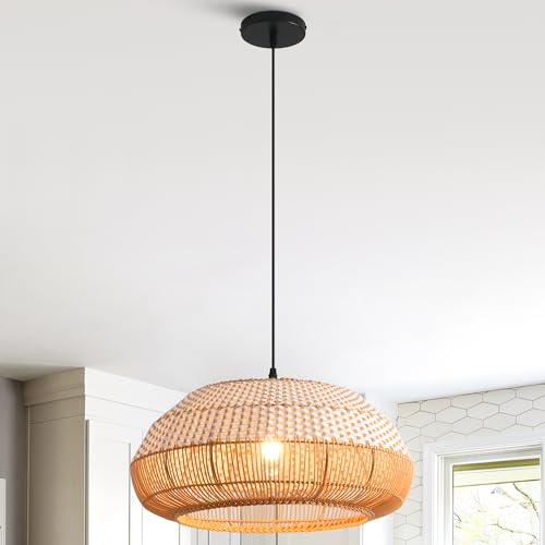 Boho Woven Pendant Light, 19" Farmhouse Handwoven Rattan Chandelier Ceiling Light for Kitchen Island Dining Room, Coastal Hanging Basket Light Fixture with 47.2" Adjustable Cord, E26 Base - color: D3037