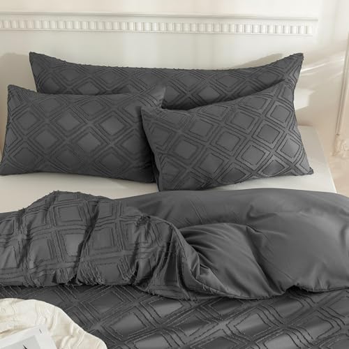 JELLYMONI Pillowcases Standard Size Grey 2 Pack Boho Plaid Bed Pillow Covers 20x26in Polyester Envelope Pillow Shams Tufted Bohemian Textured (Pillows are not Included) - color: 01 - Grey - Grid, size: 26" x 20" (Pack of 2)