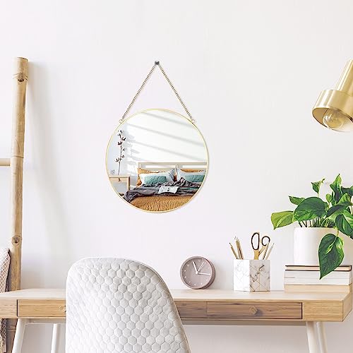 LONGWIN Hanging Wall Circle Mirror Decor Gold Geometric Mirror with Chain for Bathroom Bedroom Living Room 11.8" - size: 11.8"L x 11.8"W