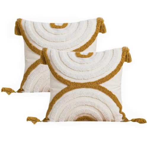 Andreannie Pack of 2 Boho Tufting Throw Pillow Cover Embroidered Textured Cushion Cover with Tassels Soft Home Decororative for Couch Sofa 18x18 inch (Boho Circle) - color: Boho Circle
