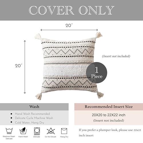 BlissBlush 20X20 Throw Pillow Cover, Cream Neutral Square Decorative Cushion Cover with Black Pattern, Boho Accent Pillowcase with Tufted Details and Tassels for Couch Sofa Living Room (Cover Only) - color: Black, size: 20" x 20" (Pack of 1)
