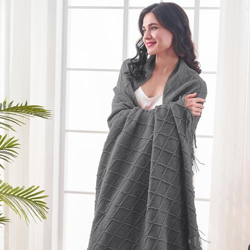 inhand Grey Throw Blanket for Couch and Bed, Soft Living Room Home Decor Knitted Blanket with Tassel, Outdoor Lightweight Breathable Summer Blanket, Farmhouse Warm Woven Decorative, 50"x60" - color: Dark Grey, size: 50"x60"
