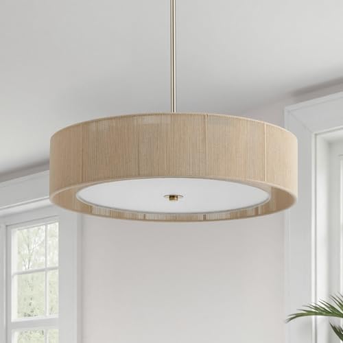 VONLUCE 20" Boho Rattan Chandelier, 4-Light Drum Chandelier with 2-Tier Woven Lampshade, Rattan Ceiling Light for Dining Room Bedroom Living Room with E26 Sockets, Nickel Finish, ETL Certified - color: Nickel, size: 20inch