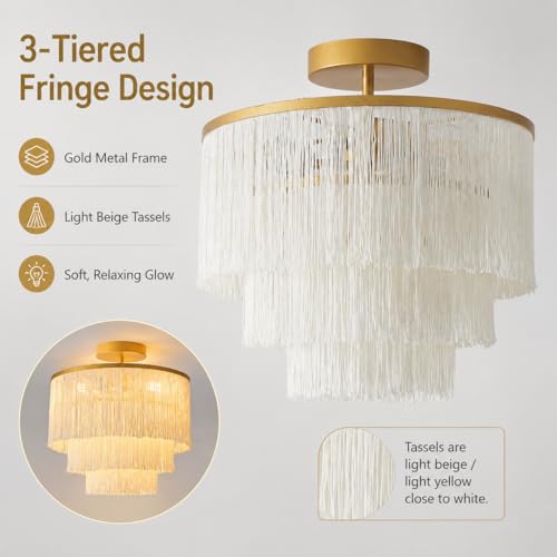3-Tiered Boho Chandelier with Metal and Fringe,3 Lights Fringe Pendant Light Fixture,Tassle Chandelier for entryway,Dining Room,Baby Nursery,Gold and Light Beige - color: 3-Tiered-Light Yellow