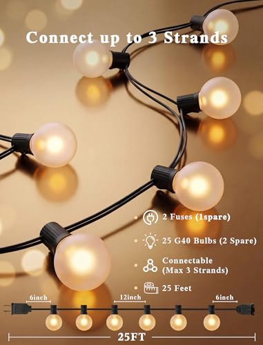 Abeja 25FT Outdoor String Lights, G40 Globe Patio String Lights with 27 Frosted White Globe Bulbs, Waterproof Connectable Hanging Lights for Outside Backyard Porch Umbrella Bistro Decor, Black Wire - color: 25FT Frosted White-Black, size: 25FT