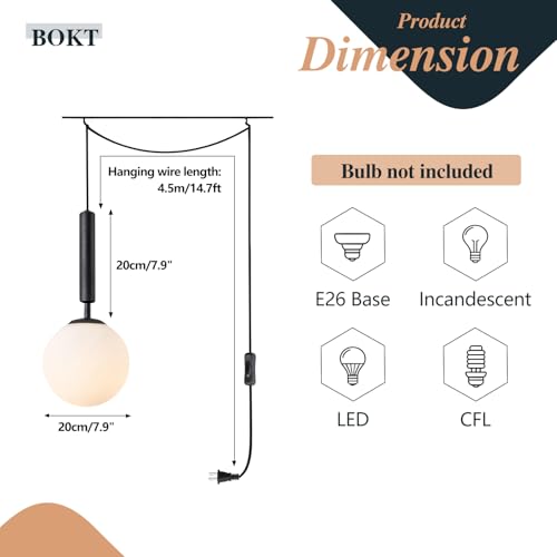 BOKT Glass Globe Pendant Light Plug in Vintage Black Mini Hanging Pendant Light Plug in Cord Single Modern Hanging Pendant Kitchen Dining Room Light Fixtures for Bedroom Entryway (Black-Plug in) - color: Black-Plug In