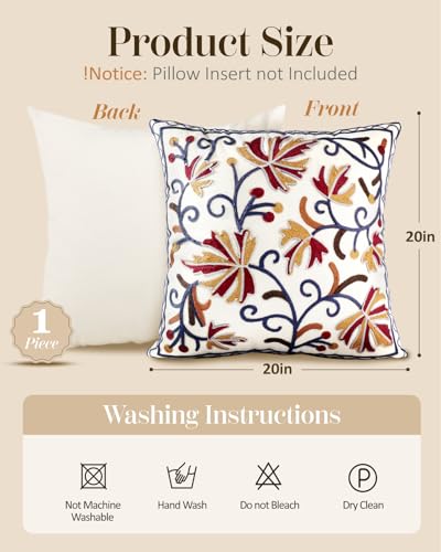 Embroidered Throw Pillow Cover - 20x20 Decorative Pillow Cover with Zipper Aesthetic Cute Design Boho Spring Summer Throw Pillowcase for Living Room Couch Sofa Bed, Fall Flower - color: Fall Flower, size: 20" x 20" (Pack of 1)