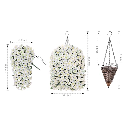 Artificial Fake Flowers Plants Hanging Baskets for Outdoor Outside Decor, Faux Silk Hanging White Morning Glory Trailing Vines UV Resistant for Porch Patio Home Decoration - color: White