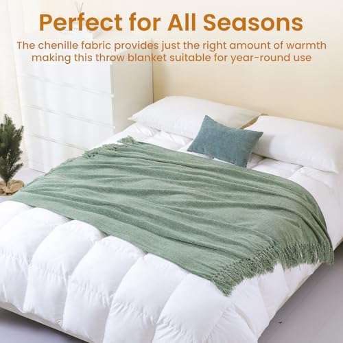 Sage Green Chenille Throw Blanket for Couch Bed，Soft Cozy Throw Blanket with Handmade Fringe, Decorative Blanket for Sofa Chair Living Room for Gift, (Sage Green) - color: Sage Green, size: 50“ x 60"
