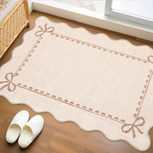 GarveeHome Scalloped Bow Rug for Kitchen Floor, Solid Beige Rug for Dorm, Washable Entryway Rugs 2x3 Soft Low Pile Non Slip Scalloped Rugs for Nursery Bedroom Decor Hallway - color: Beige, size: 2' x 3' (Rectangular)