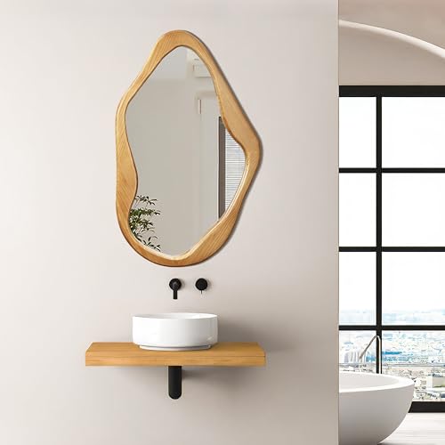 LuxenHome Asymmetrical Wall Mirror with Natural Pine Wood Frame,Irregular Wall Mirror for Living Room,Entryway,Bedroom,Decorative Mirror,Bathroom Mirror, Wood Wall Mounted Mirror - color: Irregular Asymmetrical