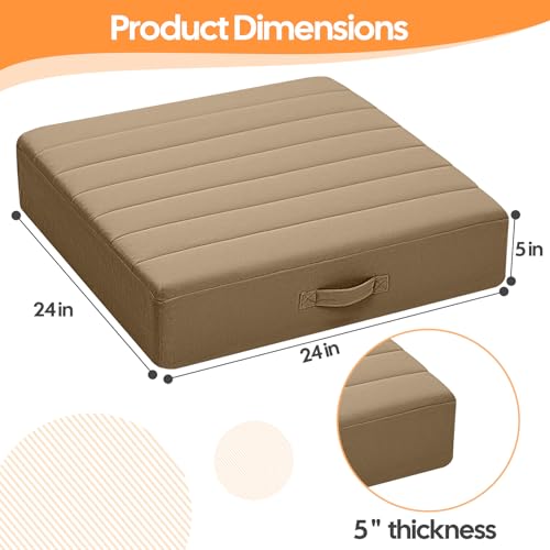 MeMoreCool Square Floor Pillows for Adults Kids, 2 Sets Large Meditation Cushion with 5" Thick Foam and Washable Tufted Cover, 24 Inch Coffee Seat Floor Cushions for Sitting and Yoga - color: Light Coffee, size: 24 Inch