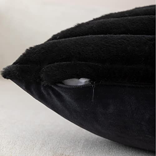 ZLINA Set of 2 Black Faux Fur Decorative Throw Pillow Covers Fluffy Striped Pillowcase Cushion Covers 20 x 20 Inch Decor Sofa Couch Bedroom - color: Black, size: 20" x 20" (Pack of 2)
