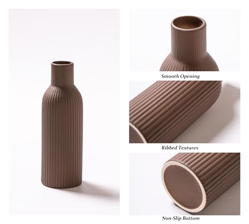 Ceramic Vase Set of 3, Flower Vases for Spring Room Decor, Kitchen Farmhouse, Modern Boho Style(Brown/Dark Brown/Orange) - color: Brown/Dark Brown/Orange