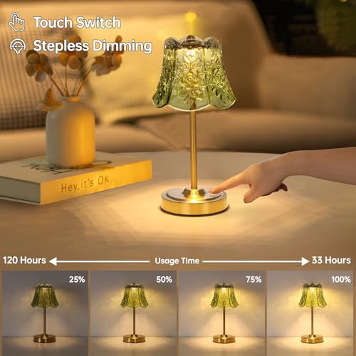 Shenmoyl Cordless Touch Table Lamp with 5200mAh Battery - 3 Adjustable Color Temperatures & Dimmable, Rechargeable Desk Lamp for Bedroom, Living Room, Office, Entryway, Bookshelves (Green Rose) - color: Green Rose