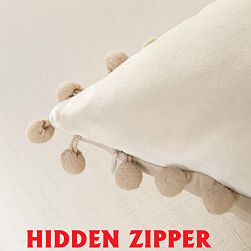 Elegant Comfort POM-POMS Fringe Velvet Cushion Covers Set of 2, Velvet Soft Solid Decorative Square Throw Pillow Covers Set Cushion Case for Couch Bed, Livingroom 20 x 20 Inch (50 x 50 cm), Cream - color: Cream, size: 20" x 20" (Pack of 2)