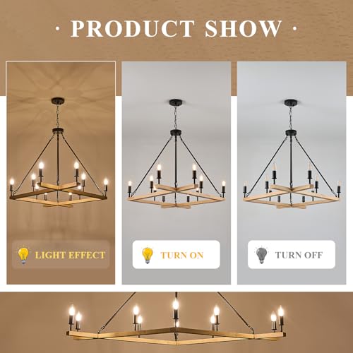 Farmhouse L53'' Wooden Square Chandelier Natural 10-Light Rustic Rectangular Candle Chandeliers Long Ceiling Pendant Lighting for Living Dining Room Foyer Kitchen Bedroom High Ceiling,E12 - color: Natural, size: 53 inches