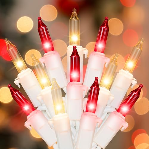 Hopolon Red and Clear Christmas Lights, 2 Pack 13 FT 50 Count Mini String Light Set, White Wire Incandescent Fairy Lights Plug in Connectable for Indoor Outdoor Wedding Birthday Valentine’s Day Decor - color: Red and Warm White,White Wire, size: 2PACK, 50