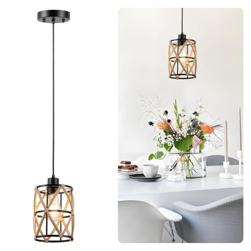ocioc Hand Woven Hemp Rope Pendant Light, 6.7" Boho Chanderlier Light Fixture, Rattan Cylinder Lamp Shade Lamp, Farmhouse Dome Pendant Lighting for Kitchen Island, Bedroom, Dining Room, Living Room - size: 6.7"