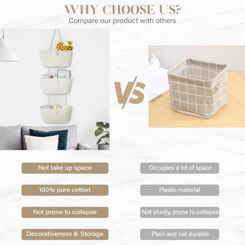 TeoKJ Over the Door Hanging Baskets with Wooden Button, 3-Tier Wall-Mounted Decorative Nursery Kitchen Baskets, White - color: White, style: 3 tier+Wooden Button