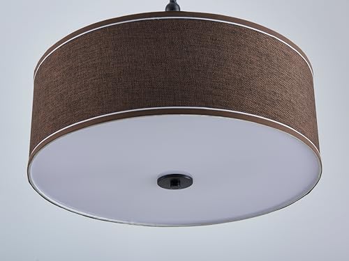 Shrine Lighting Drum Chandeliers, Farmhouse Style, Perfect Drum Pendant Light for Dining Room, D21'' x H8'', Adjustable Chains 59'', E26*3 Sockets, Brown Linen Fabric Lampshade & Black Rod - color: Brown&Black D20''