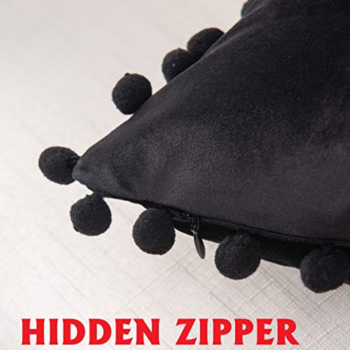 Elegant Comfort POM-POMS Fringe Velvet Cushion Covers Set of 2, Velvet Soft Solid Decorative Square Throw Pillow Covers Set Cushion Case for Couch Bed, Livingroom 20 x 20 Inch (50 x 50 cm), Black - color: Black, size: 20" x 20" (Pack of 2)