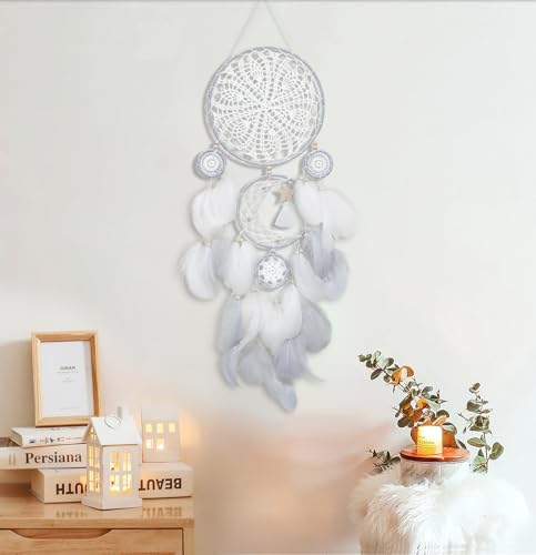 Dream Catchers Boho Wall Decor Moon and Sun Feather Handmade Traditional Dream Catcher Wall Hanging Decor for Kids Bedroom Adult Living Room Home Bohemian Decorations (Grey Set) - color: Grey