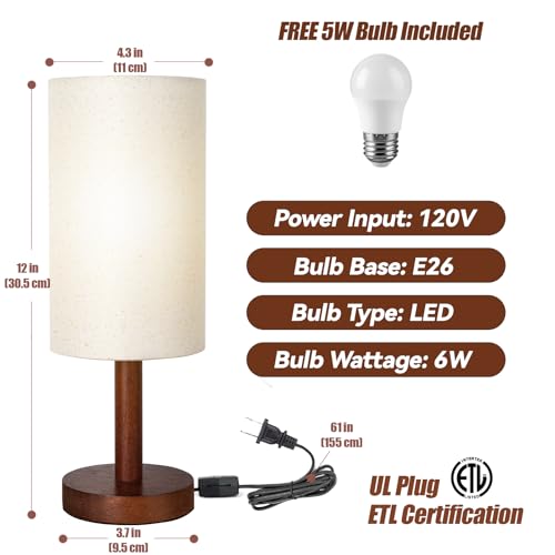 LALISU Small Table Lamp Nightstand Lamp Linen Lampshade Bedroom Wood Base Small Bedside Lamp for Night Stands, Desk Lamps for Reading Living Room, Office (LED Bulb Included) (Black-Walnut Wood（2）) - color: Black-Walnut Wood（2）