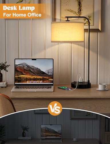 Innqoo Tall Table Lamp with USB Port and Outlet, Dimmable Nightstand Bedside Lamps with Linen Lampshade, Desk Lamp for Bedroom, Living Room, Guest Room, Home Office, LED Bulb Included - color: A-Beige Shade & Black Base