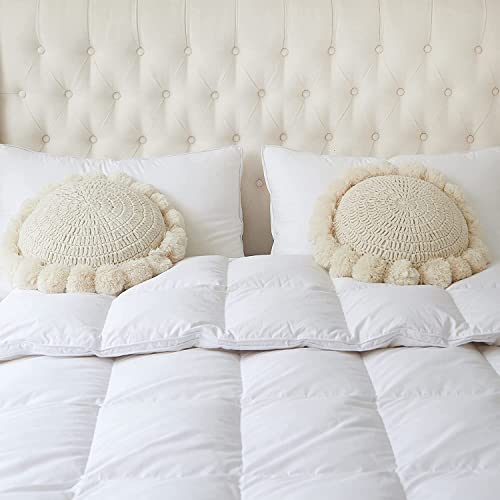 Boho Round Throw Pillow with Cute Handmade Pom Poms Tassels 18 Inch, Decorative Circular Knitted Crochet Cushion for Couch, Sofa, Chair, Bed, Beige - color: Beige