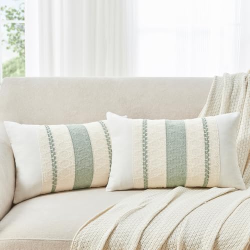 Throw Pillow Covers Set of 2 12x20 Inch Boho Pillow Covers, Soft Lumbar Neutral Cotton Sage Green Decorative Case for Couch Sofa Bed Living Room, Home Modern Woven Farmhouse Cute Decor - color: Sage Green, size: 20" x 12" (Pack of 2)