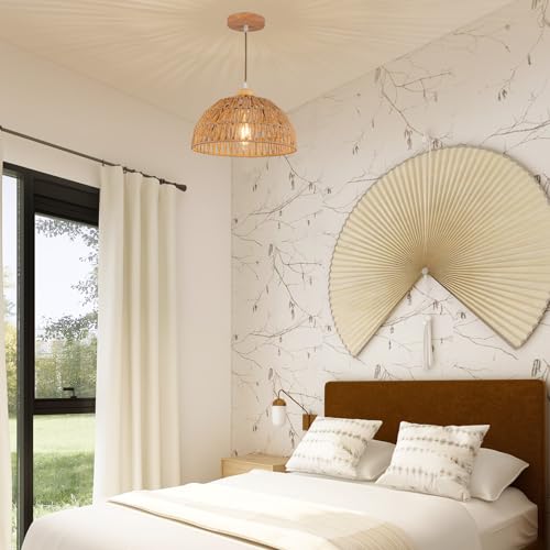 Boho Pendant Light Fixture Kitchen Chandelier Rattan Hanging Light Flush Mount Ceiling Light Boho Lamp Shade Wooden Base Bohemian Chandeliers for Hallway Bedroom Chandelier Dinning Light Fixture - color: Brown-Pendant light