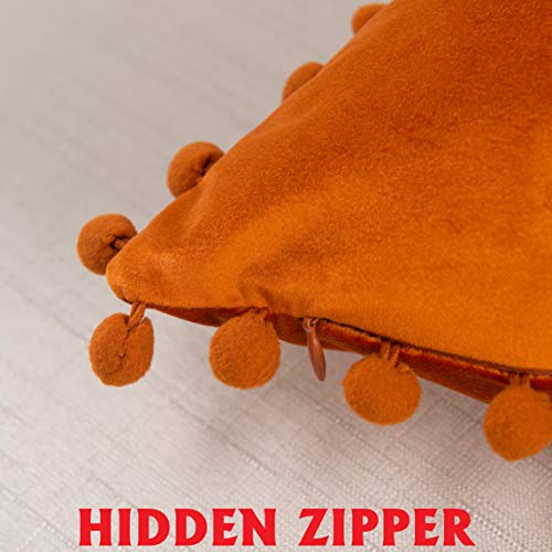 Elegant Comfort POM-POMS Fringe Velvet Cushion Covers Set of 2, Velvet Soft Solid Decorative Square Throw Pillow Covers Set Cushion Case for Couch Bed, Livingroom 18 x 18 Inch (45 x 45 cm), Orange - color: Orange, size: 18" x 18" (Pack of 2)