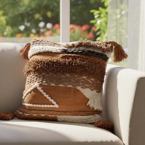 Handwoven Boho Throw Pillow Cover 18x18 Pillows for Sofa, Bed and Couch Decorative Knitted Pillow with Tassels Tufted Accents Cotton/Wool Home Decor, Limited Edition - color: Brown/Cream