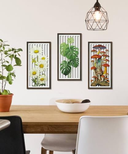 Putuo Decor Botanical Wall Art Set of 3, Nature-Inspired Wooden Panels Featuring Daisies, Mushrooms, and Monstera Leaves for Living Room Bedroom Office, Boho Rustic Decor - color: Botanical, Rustic, Floral