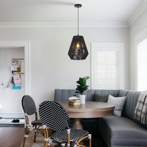13” Boho Hand Woven Rattan Mini Chandelier Matte Black Classic Pendant Light for Kitchen Island Dining Room Hallway, UL Listed - color: Black