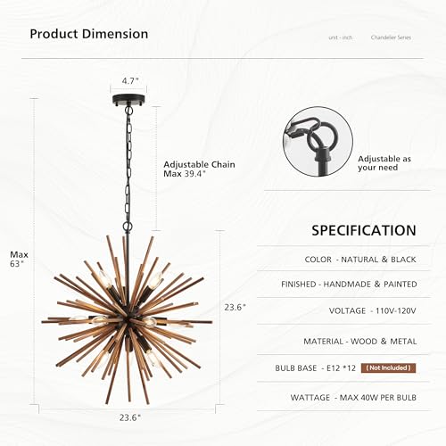 23.6" Farmhouse Sputnik Chandelier for Dining Room Rustic Handmade Natural Wood 12-Light Hanging Ceiling Pendant Light Fixture Starburst Wood Chandeliers for Kitchen Bedroom Foyer Hallway - size: Diameter 23.6", 12-Light