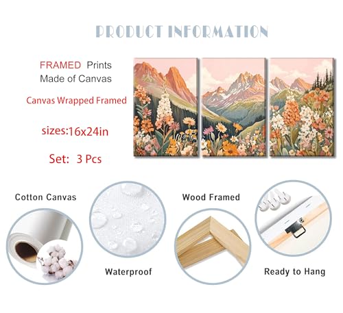 3Pcs Boho Mountain Canvas Wall Art Vintage Wildflower Mountains Poster Prints Abstract Nature Landscape Picture Nature Botanical Paintings Artwork Wall Decor for Living Room Bedroom 16x24in Framed - color: Wildflowers, size: 24"L x 16"W