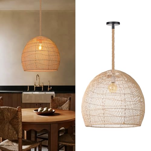 Arturesthome 1 Light Natural Rattan Pendant Light Fixture,Woven Pendant Light Wicker Chandelier,Hanging Ceiling Light,Handmade Lampshade,Rope Lamp for Kitchen Island W19.6in X H 17.7in - size: 19.6″W x 18″H
