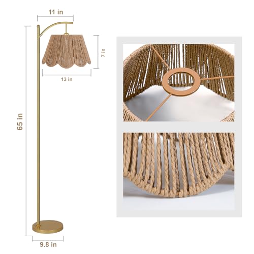 Arc Floor Lamp for Living Room with Remote Control，Rattan Boho Floor Lamp with Hand-Woven Wicker Shade, Foot Switch, Gold/Silvery Metal Base & Pole,Standing Lamp for Bedroom (Gold&Paper Rope) - color: Gold&Light Brown