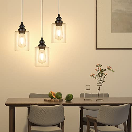 Licperron 3 Pack Hanging Pendant Lighting Fixtures, Adjustable Black Hanging Ceiling Lamp with Clear Glass Shade, Modern Pendant Light for Kitchen Island, Dining Room, Bedroom, Hallway - size: 3-Pack